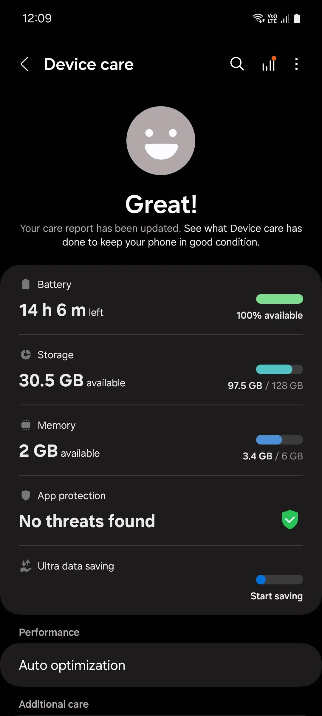 Trang menu Chăm sóc thiết bị của Samsung để quản lý bộ nhớ