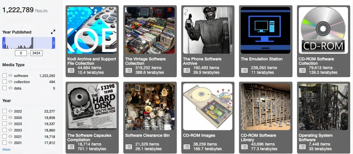 Trang phần mềm và trò chơi cổ điển trên Internet Archive, với các tựa game MS-DOS và arcade có thể chơi trực tiếp trên trình duyệt.