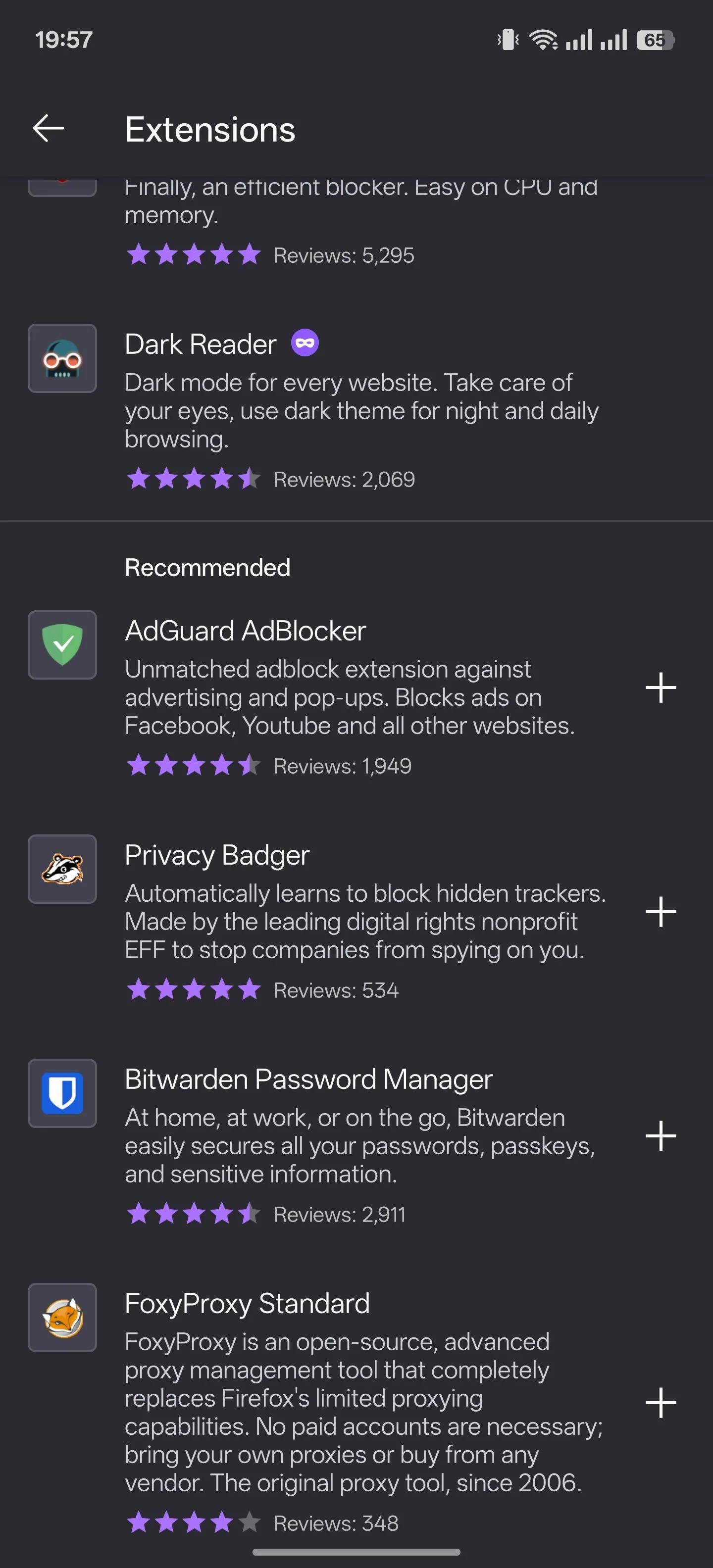 Trang quản lý Tiện ích mở rộng trong trình duyệt Firefox dành cho thiết bị Android.