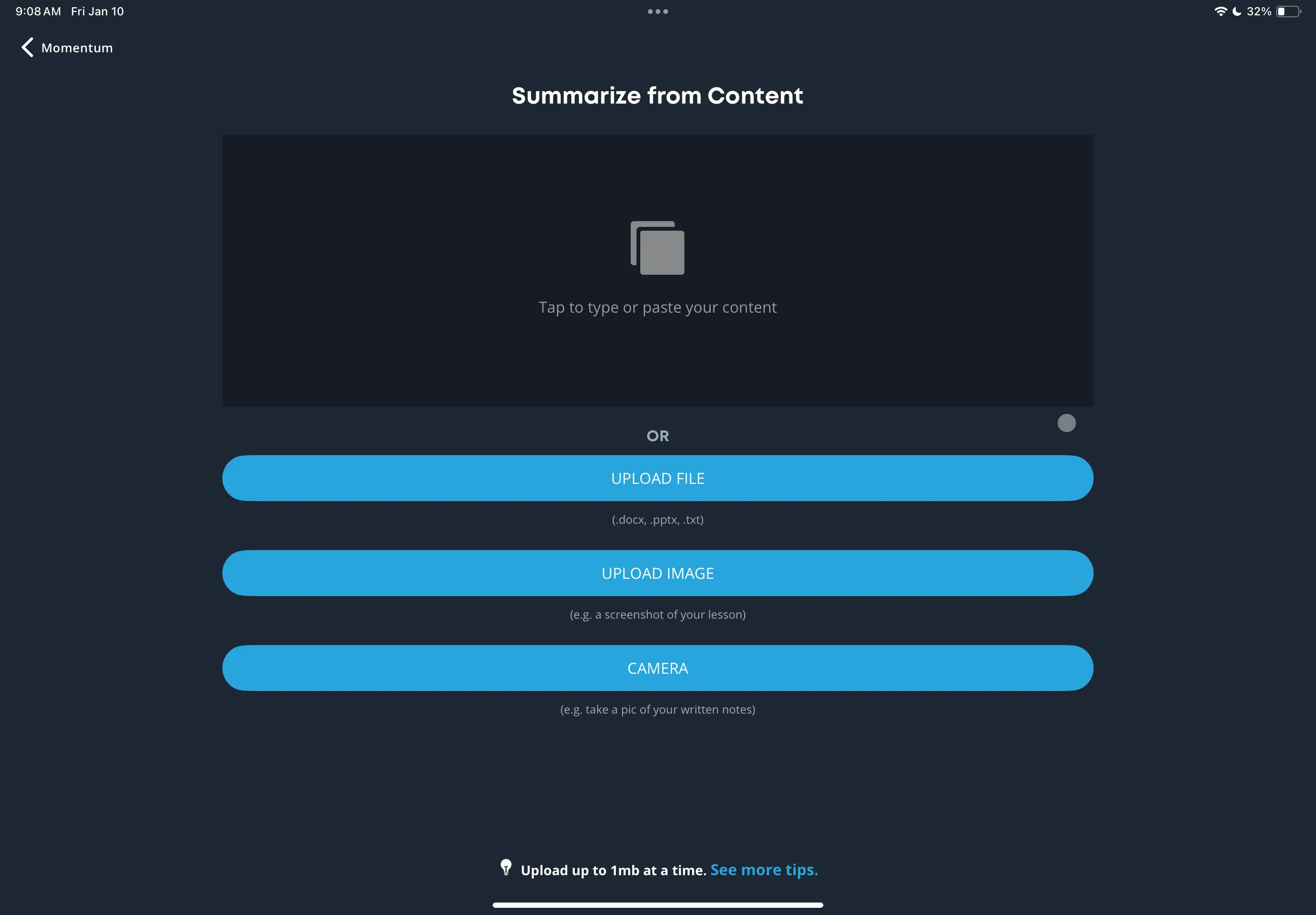 Trang Summarize From Content của Brainscape, nơi người dùng tải lên tài liệu để tạo Flashcard