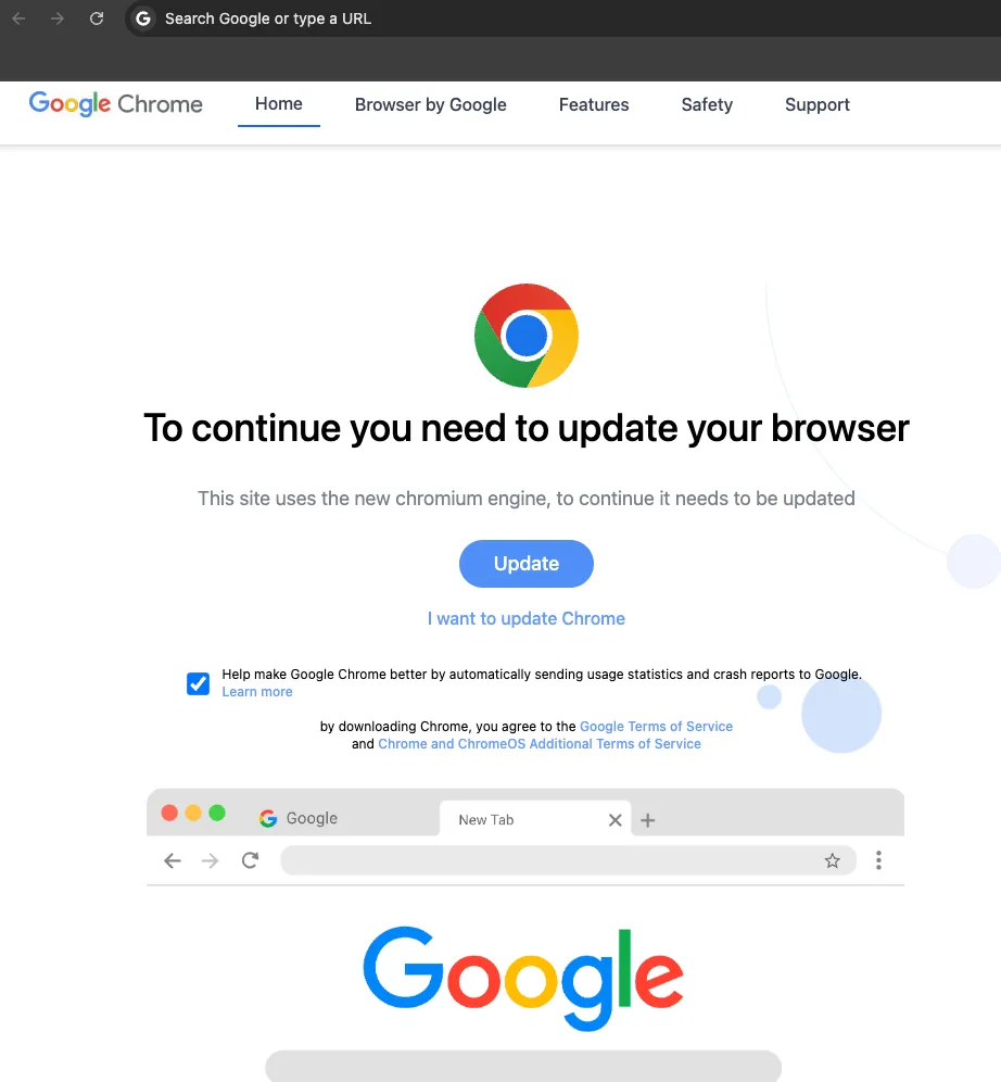 Trang thông báo cập nhật Google Chrome giả mạo trên website bị tấn công