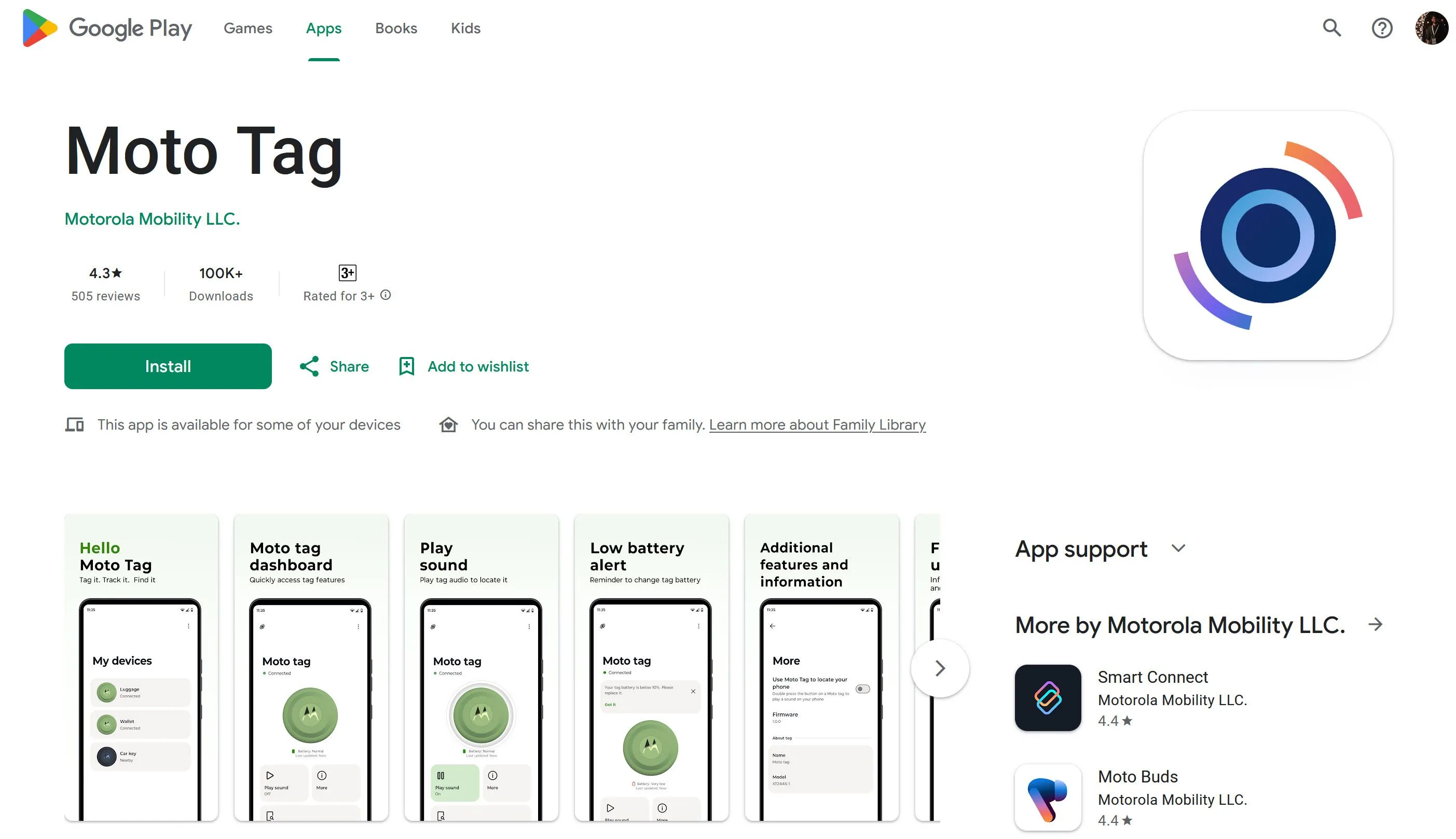 Trang ứng dụng Moto Tag trên Google Play Store