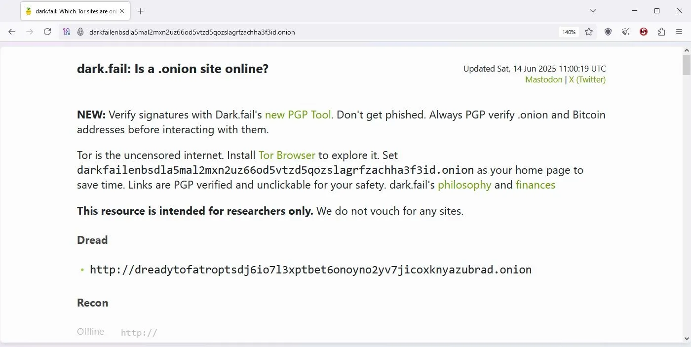 Trang web Dark.Fail hiển thị trên trình duyệt Tor, liệt kê các liên kết Darknet Market