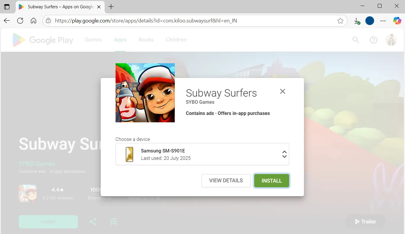 Trang web Google Play Store trên máy tính hiển thị tùy chọn cài đặt game từ xa lên điện thoại Android