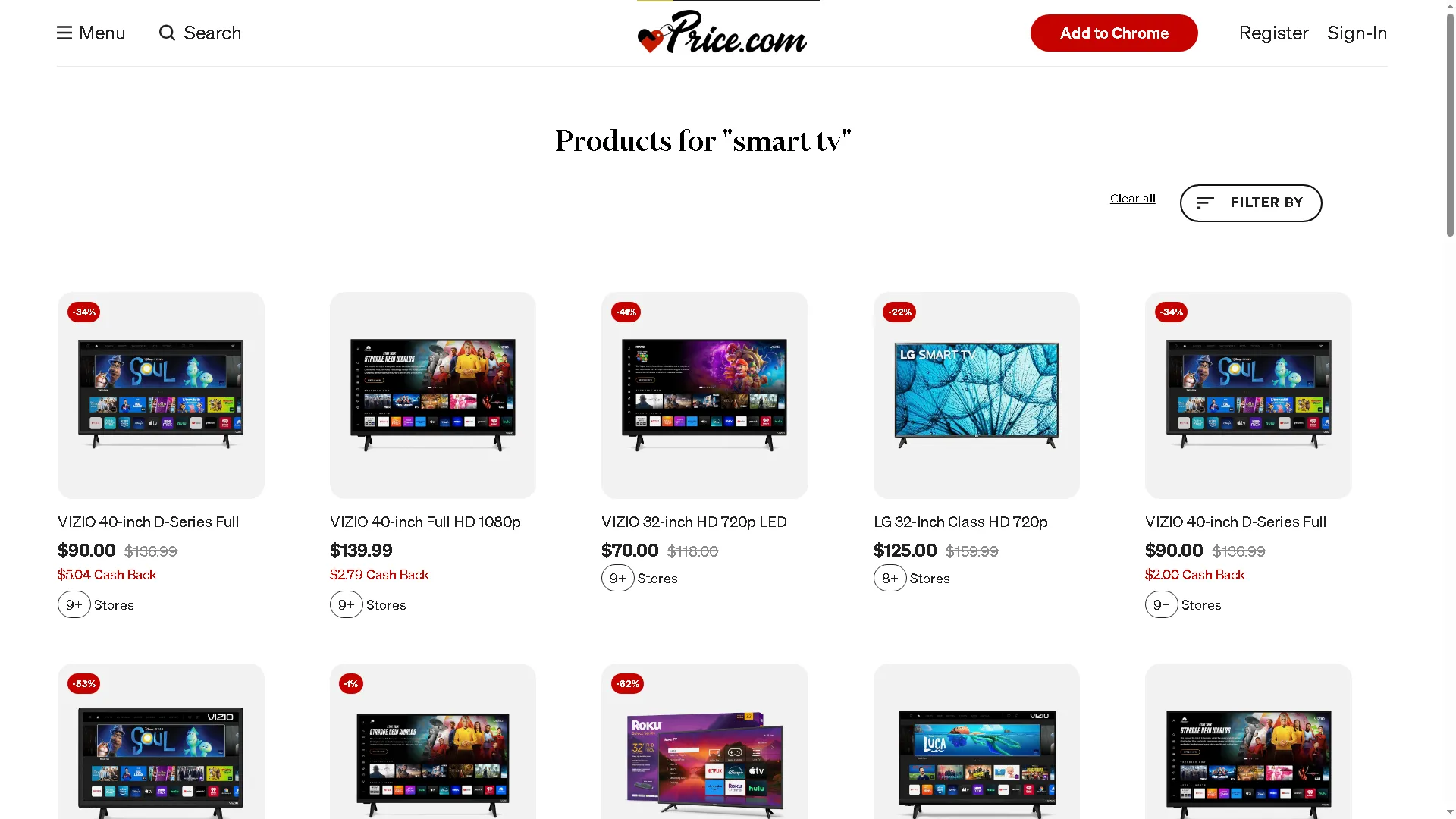 Trang web so sánh giá sản phẩm hiển thị kết quả tìm kiếm TV thông minh