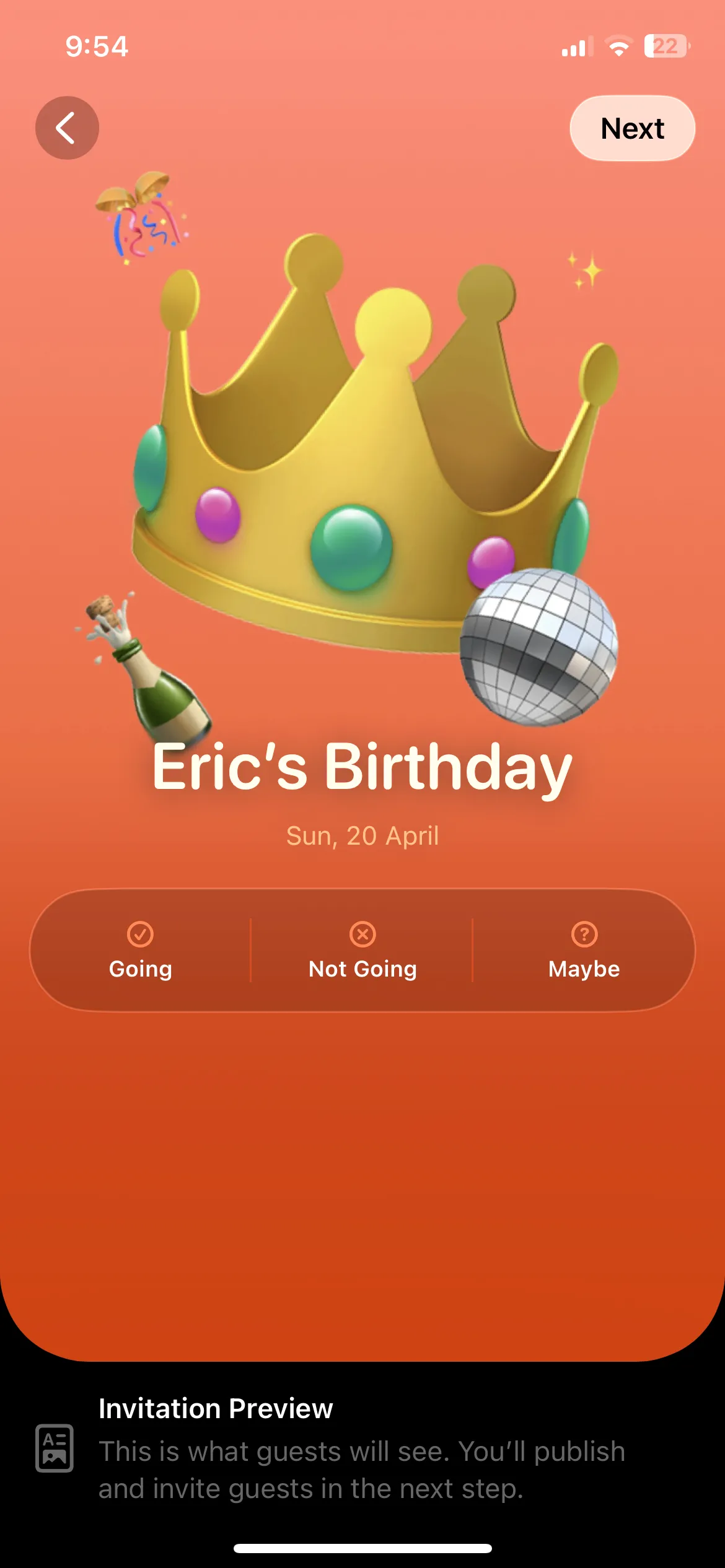 Trang xem trước thiệp mời đã tạo trong ứng dụng Apple Invites trên iPhone, hiển thị chi tiết sự kiện và tùy chọn chia sẻ.
