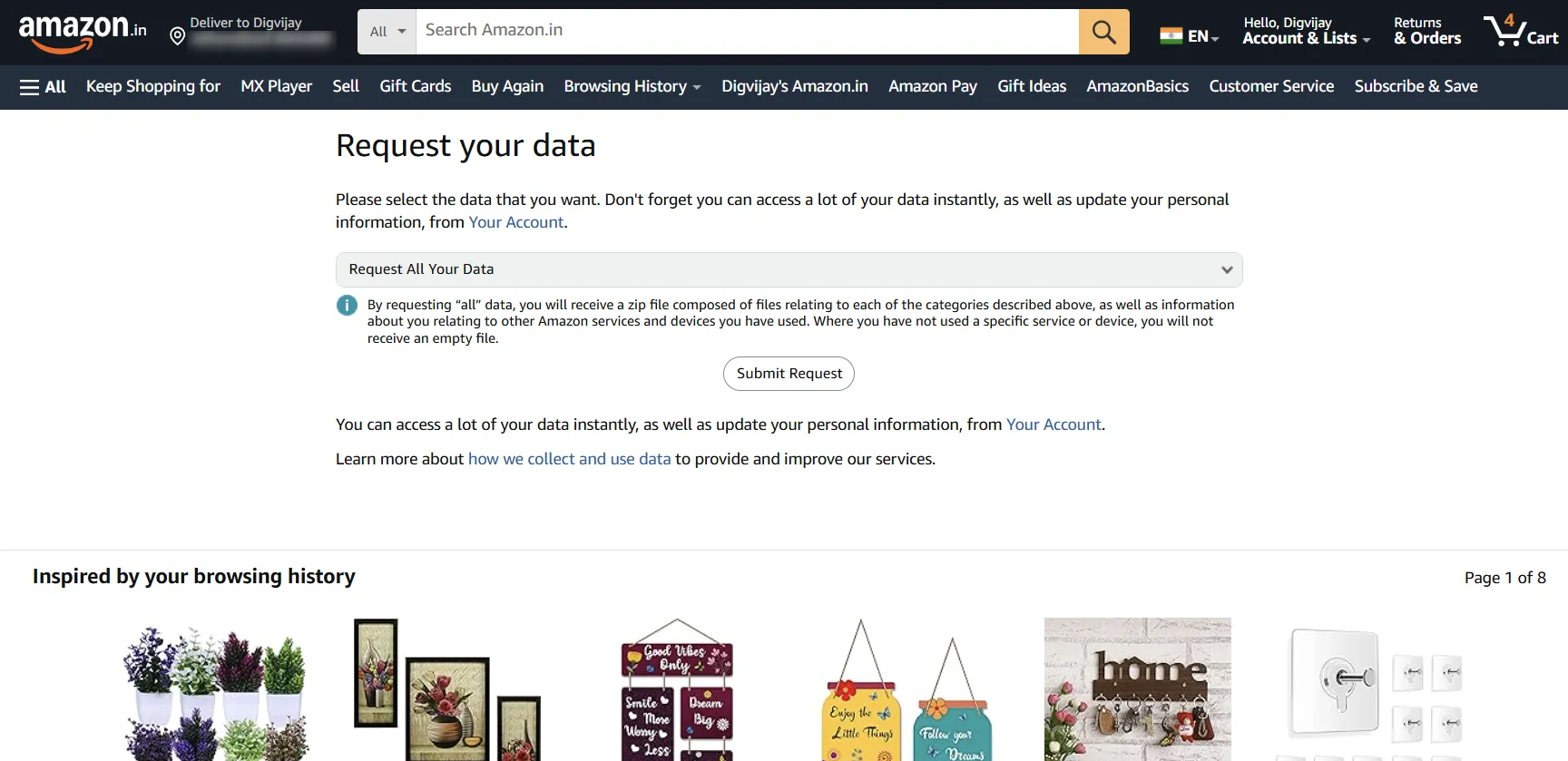 Trang yêu cầu tải xuống toàn bộ dữ liệu cá nhân từ tài khoản Amazon.