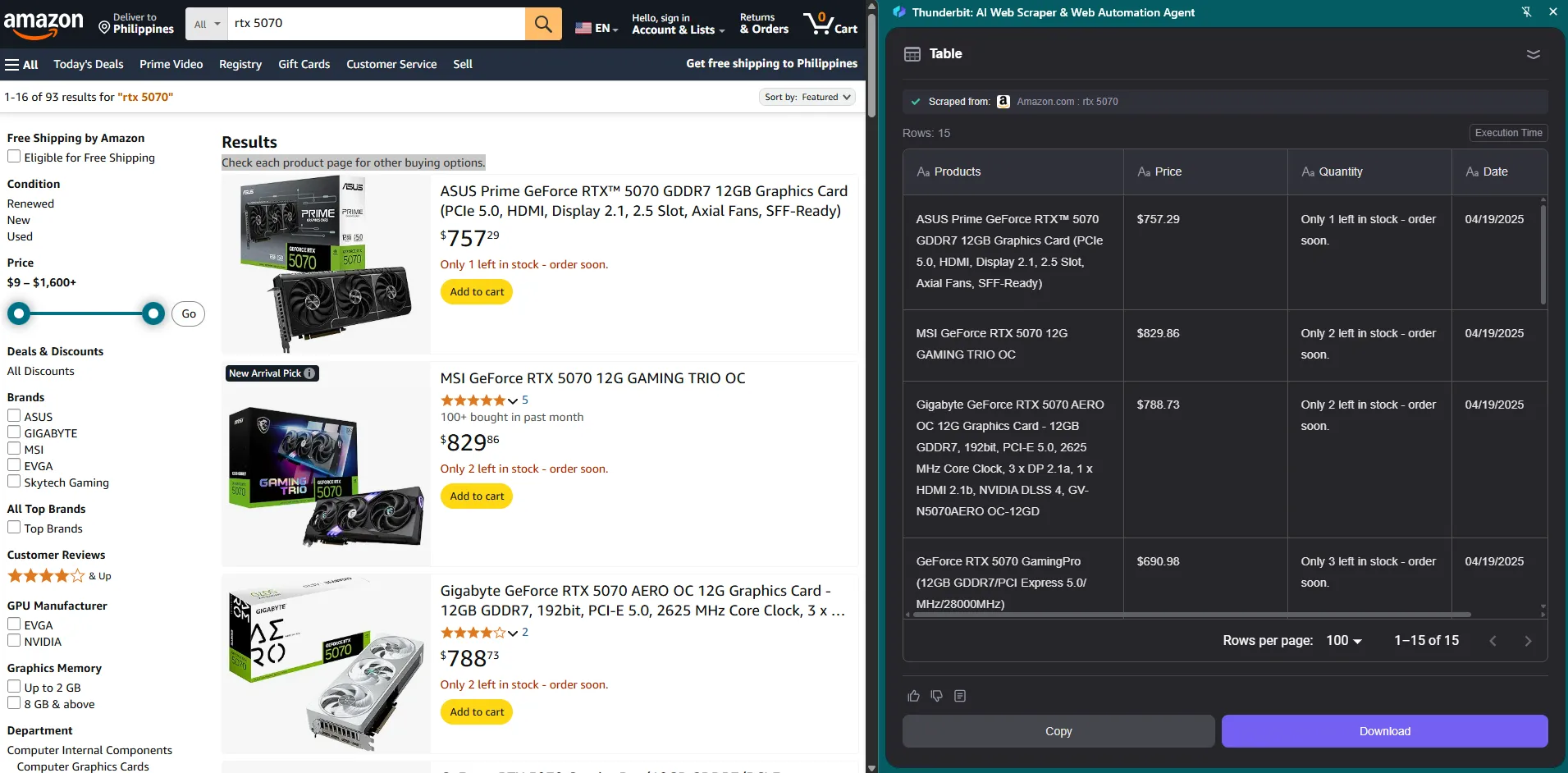 Trích xuất dữ liệu Amazon với Thunderbit