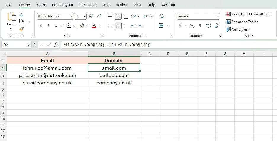 Trích xuất tên miền email từ danh sách địa chỉ trong Excel