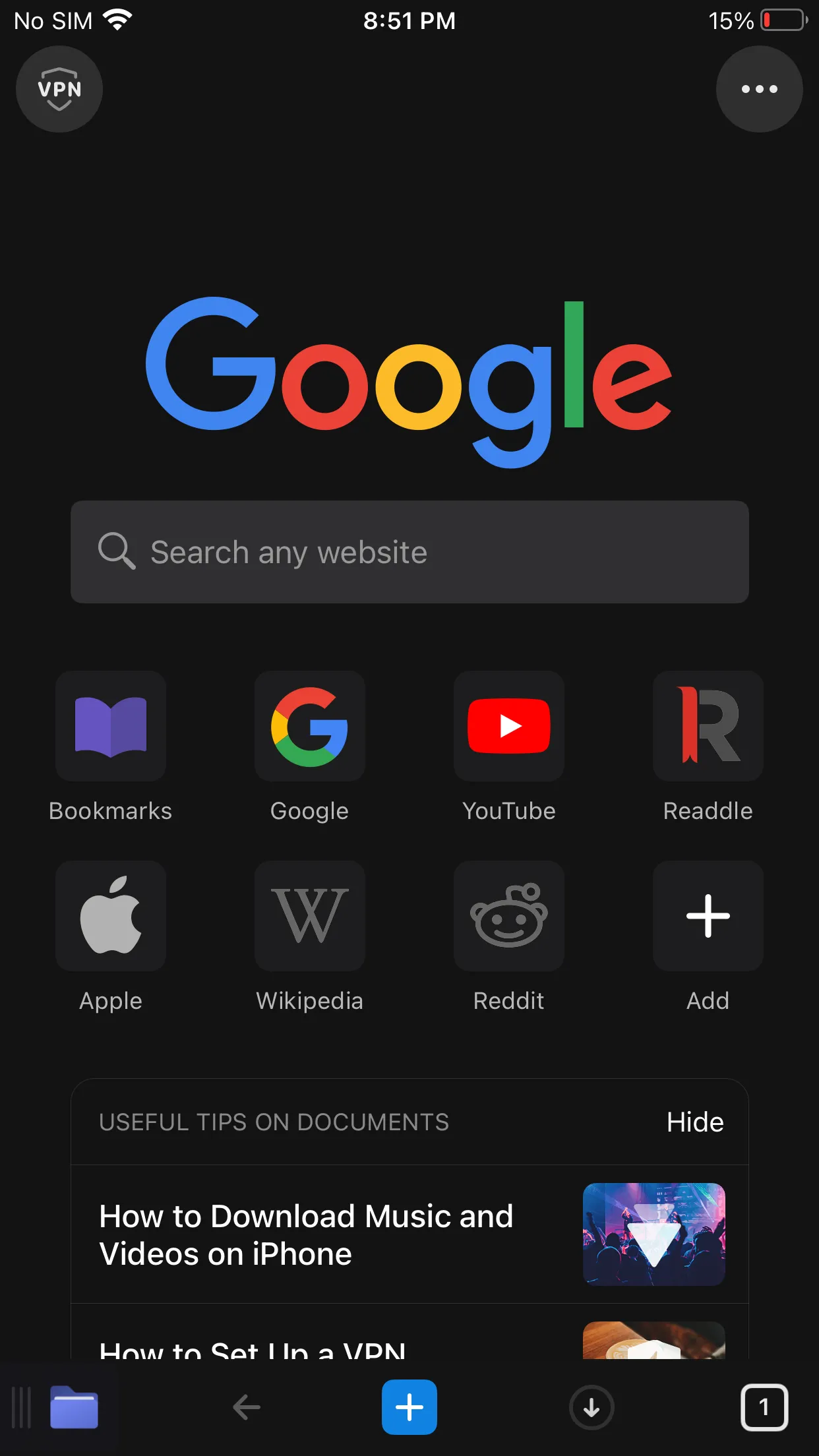 Trình duyệt web di động tích hợp trong ứng dụng Documents trên iPhone.