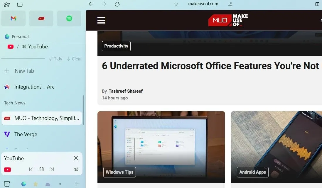 Trình phát mini YouTube trong giao diện của Arc browser