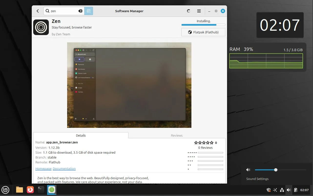 Trình quản lý phần mềm của Linux Mint với tính năng tìm kiếm và cài đặt ứng dụng tích hợp Flatpak.
