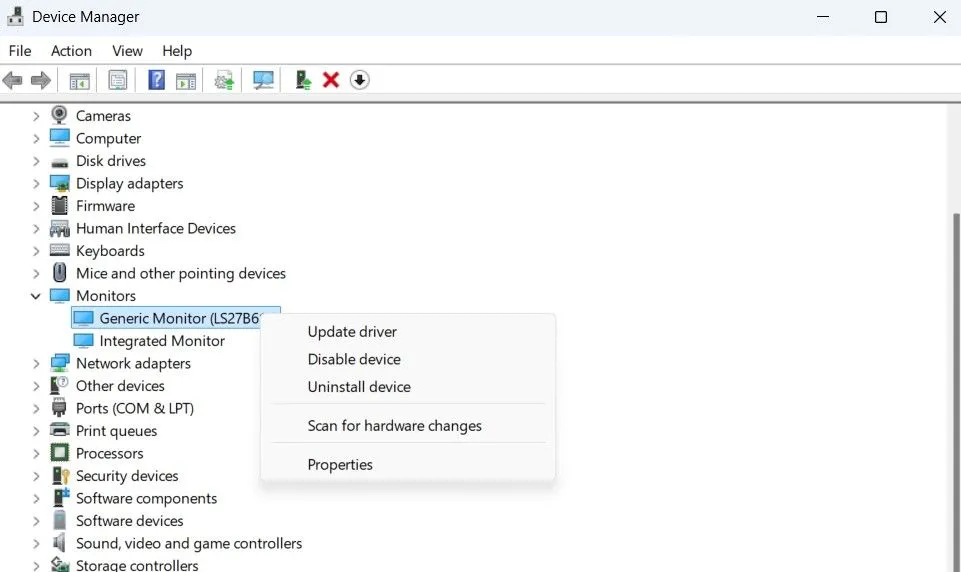 Trình quản lý thiết bị Windows, hiển thị tùy chọn cập nhật driver màn hình