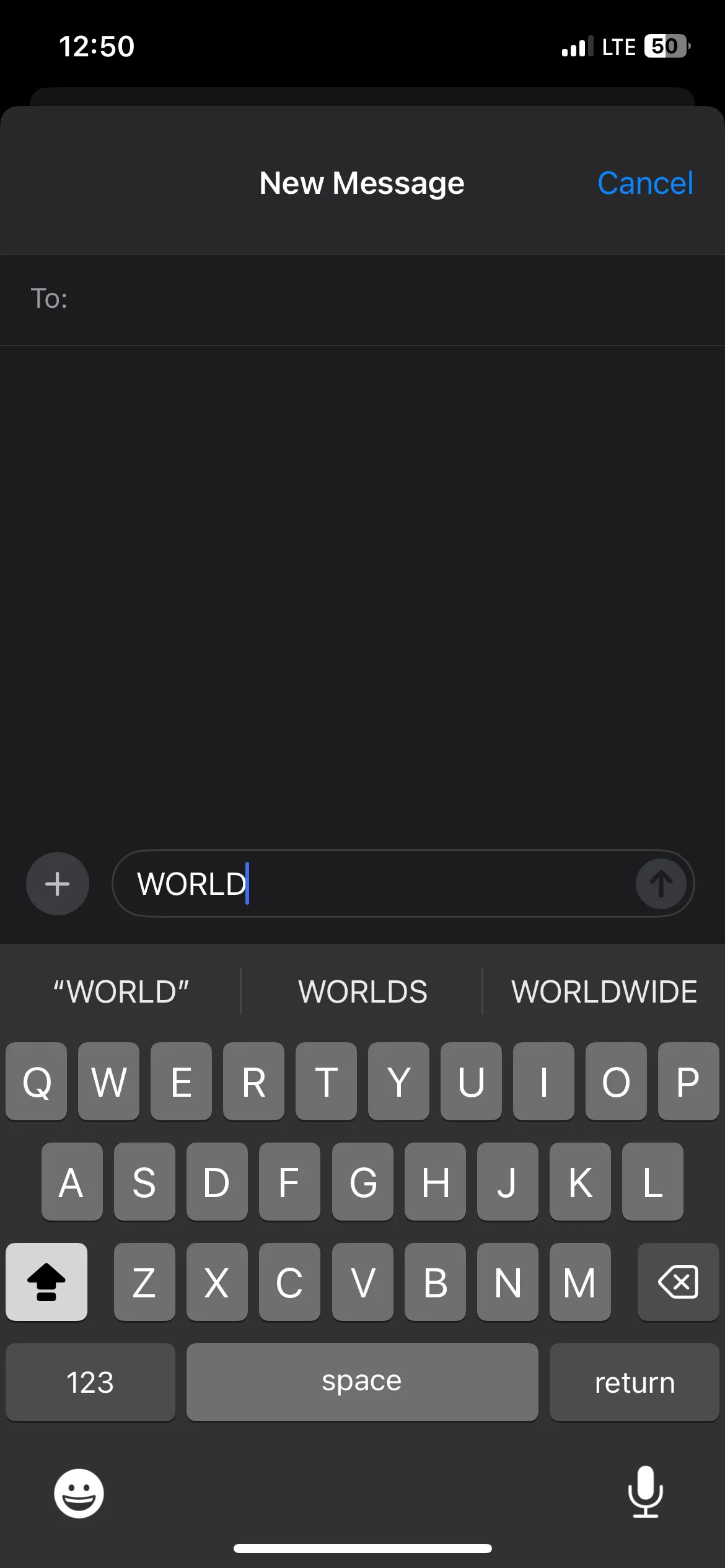 Từ &quot;WORLD&quot; được viết hoa trên iPhone trong ứng dụng Tin nhắn.