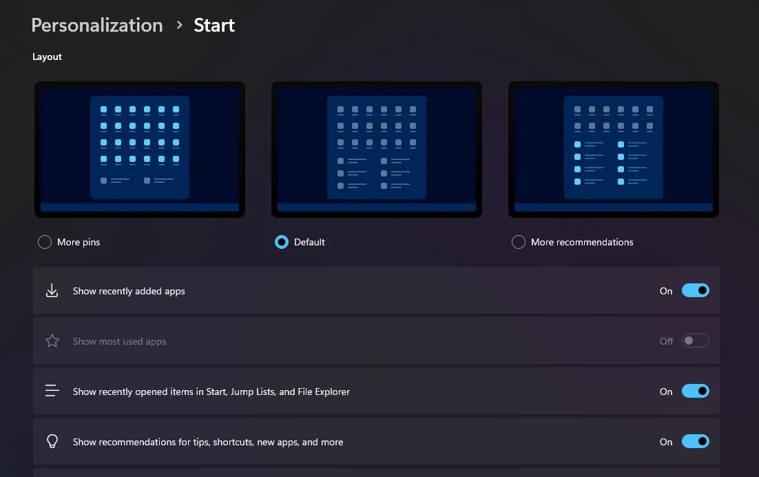 Tùy chỉnh các cài đặt cho Start Menu trên Windows 11 bao gồm gợi ý ứng dụng và mục gần đây