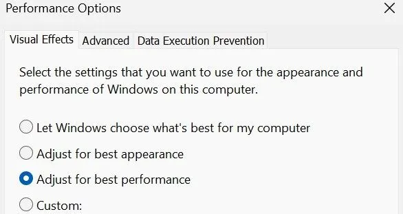 Tùy chỉnh cài đặt hiệu ứng hình ảnh trong cửa sổ Performance Options