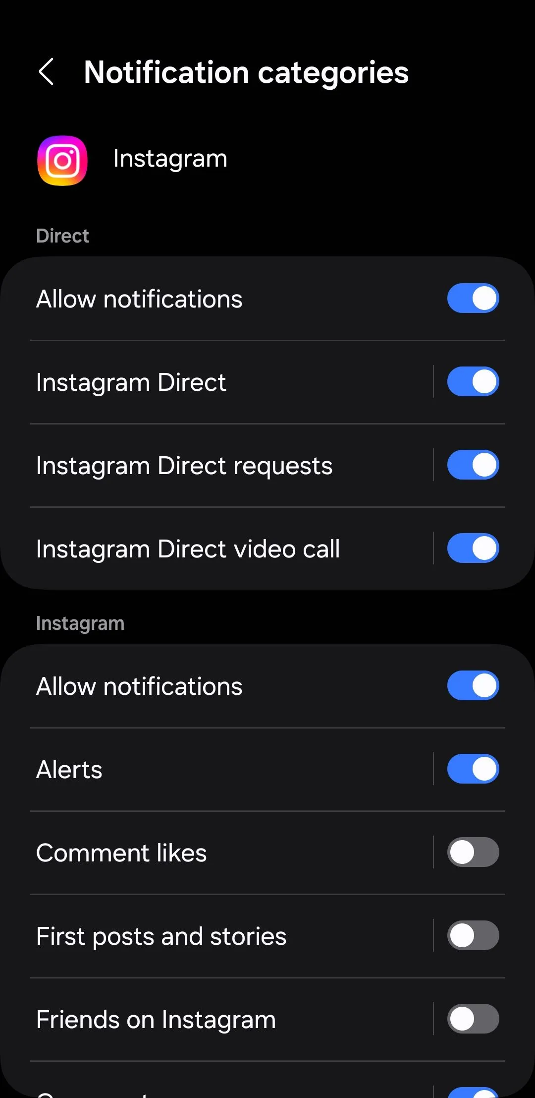 Tùy chỉnh danh mục thông báo Instagram trên Android