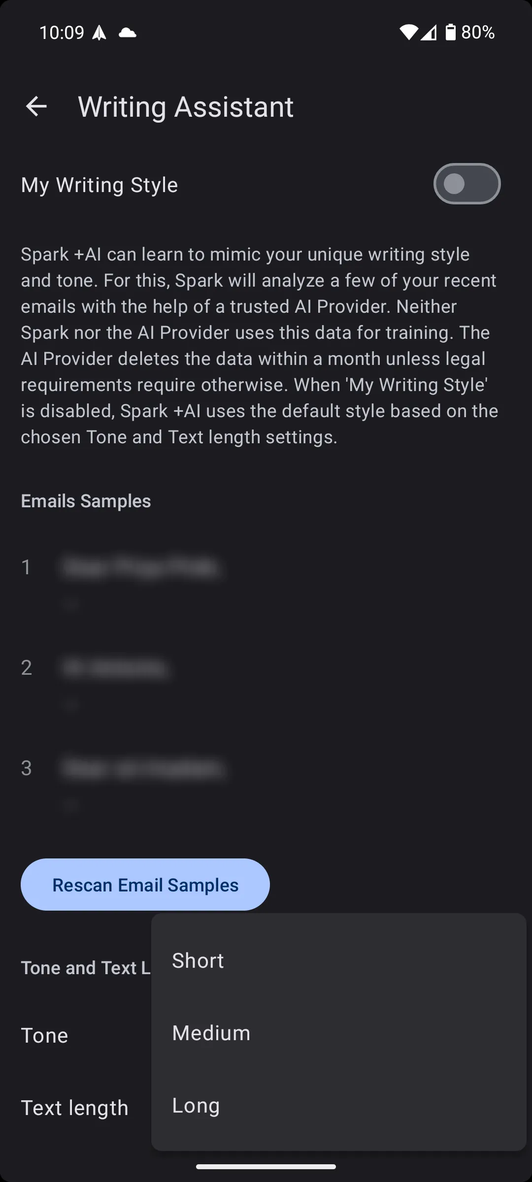 Tùy chỉnh độ dài văn bản của trợ lý viết AI trong Spark Mail