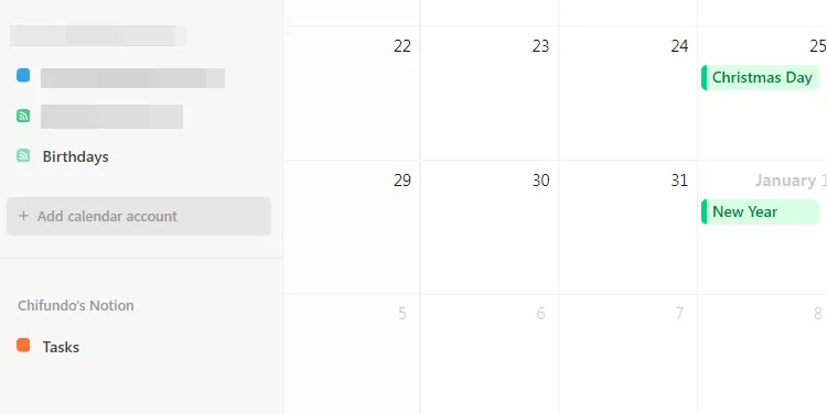 Tùy chọn &quot;Add calendar account&quot; (Thêm tài khoản lịch) trong Notion Calendar để kết nối lịch.