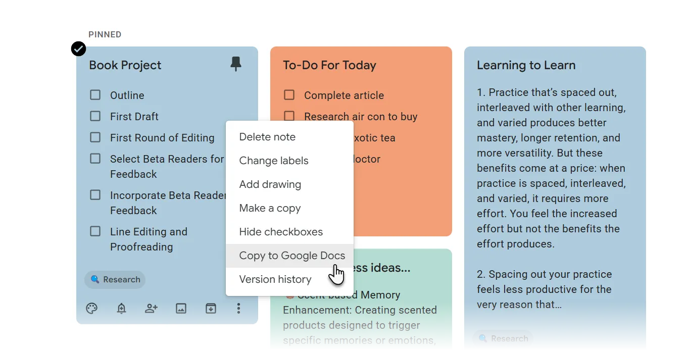 Tùy chọn 'Add to document' trong Google Keep giúp dễ dàng chuyển ghi chú sang Google Docs từ bảng điều khiển bên.