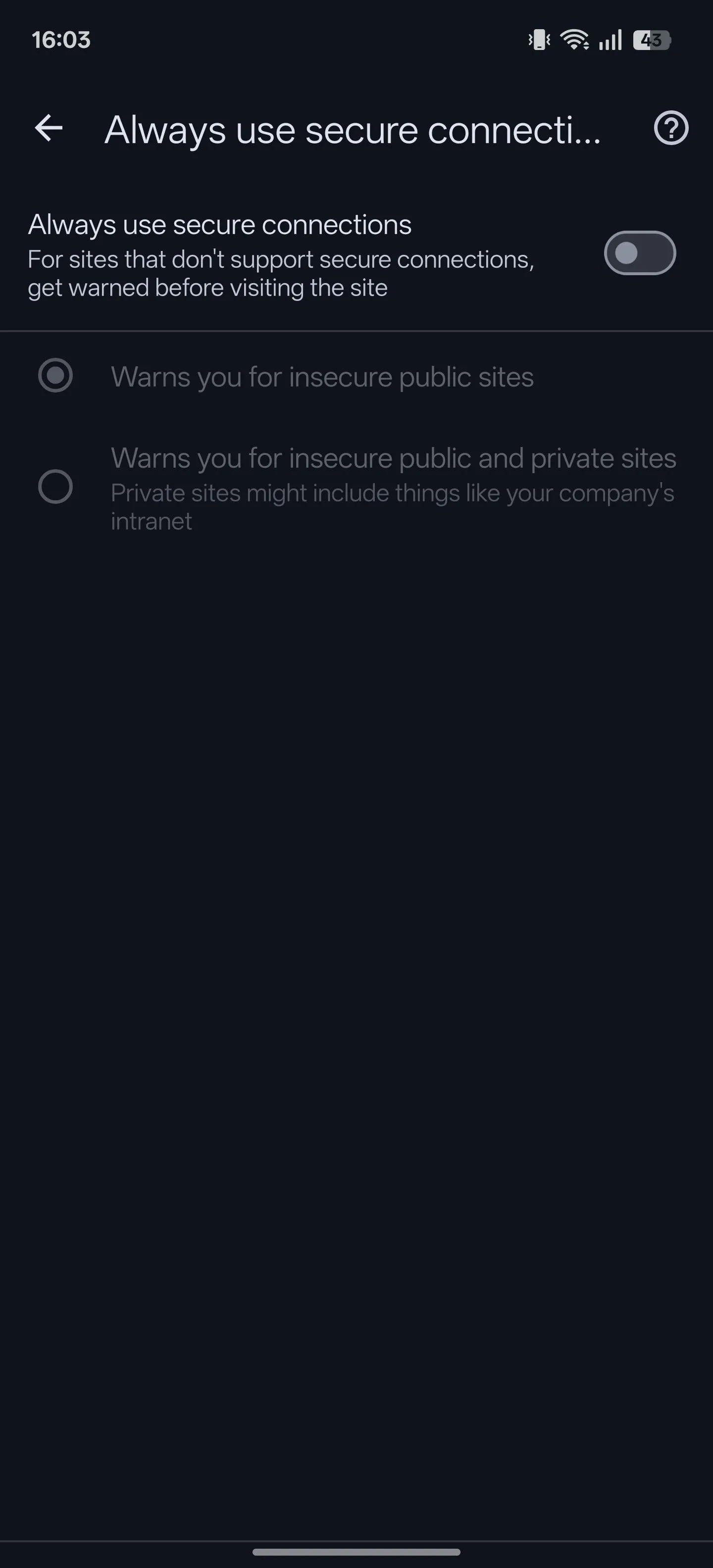 Tùy chọn &quot;Always use secure connections&quot; trong cài đặt bảo mật của Chrome Android.