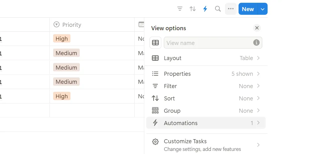 Tùy chọn &quot;Automation&quot; (Tự động hóa) trong menu của một cơ sở dữ liệu liên kết Notion.