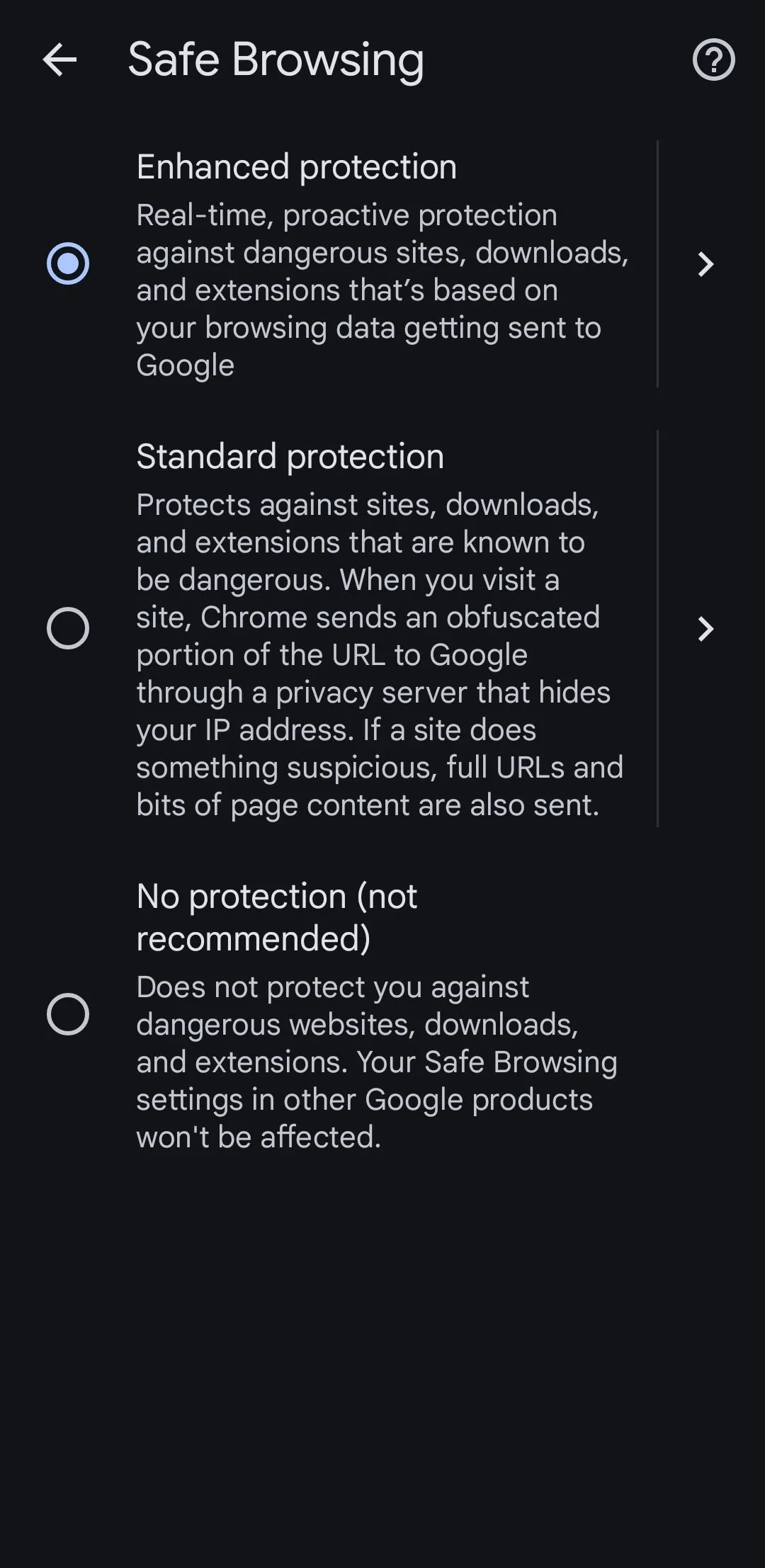Tùy chọn bảo vệ nâng cao được chọn trong Chrome trên Android