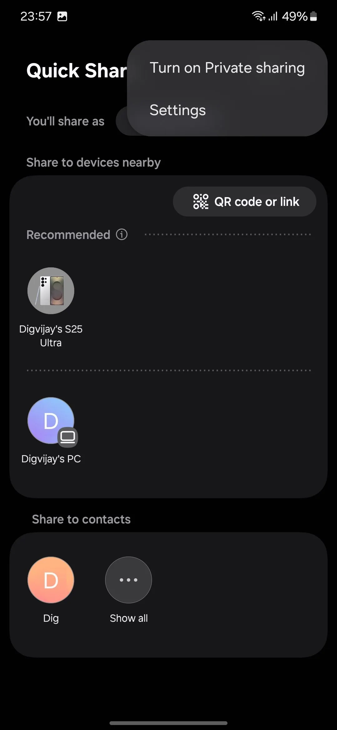Tùy chọn &quot;Bật chia sẻ riêng tư&quot; (Turn on Private sharing) trong menu Quick Share trên Samsung Galaxy.