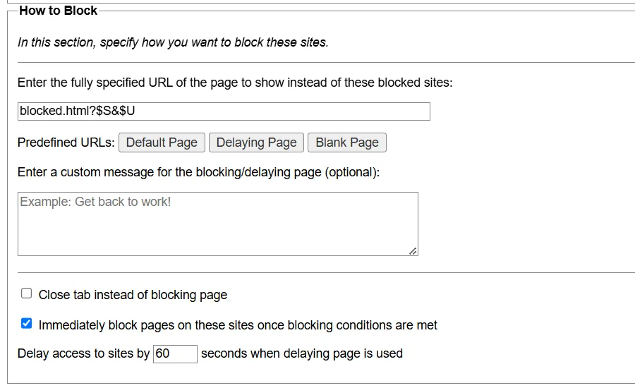 Tùy chọn cách thức chặn trang web của tiện ích LeechBlock NG