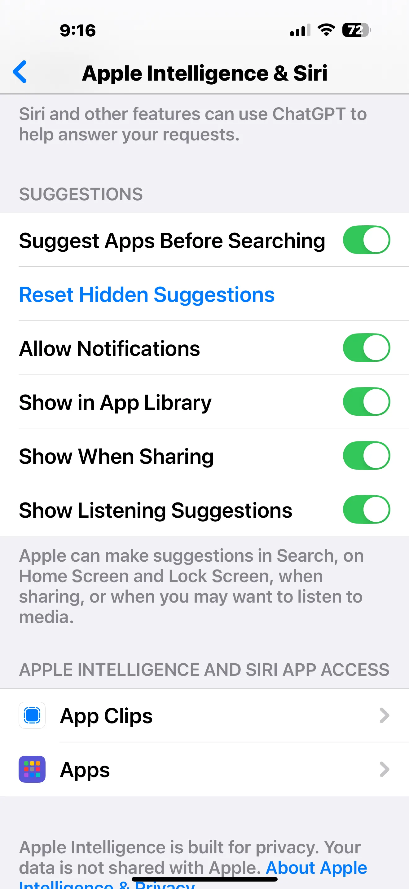 Tùy chọn cài đặt Apple Intelligence hiển thị quyền truy cập ứng dụng, cho phép điều chỉnh AI cho từng phần mềm cụ thể.