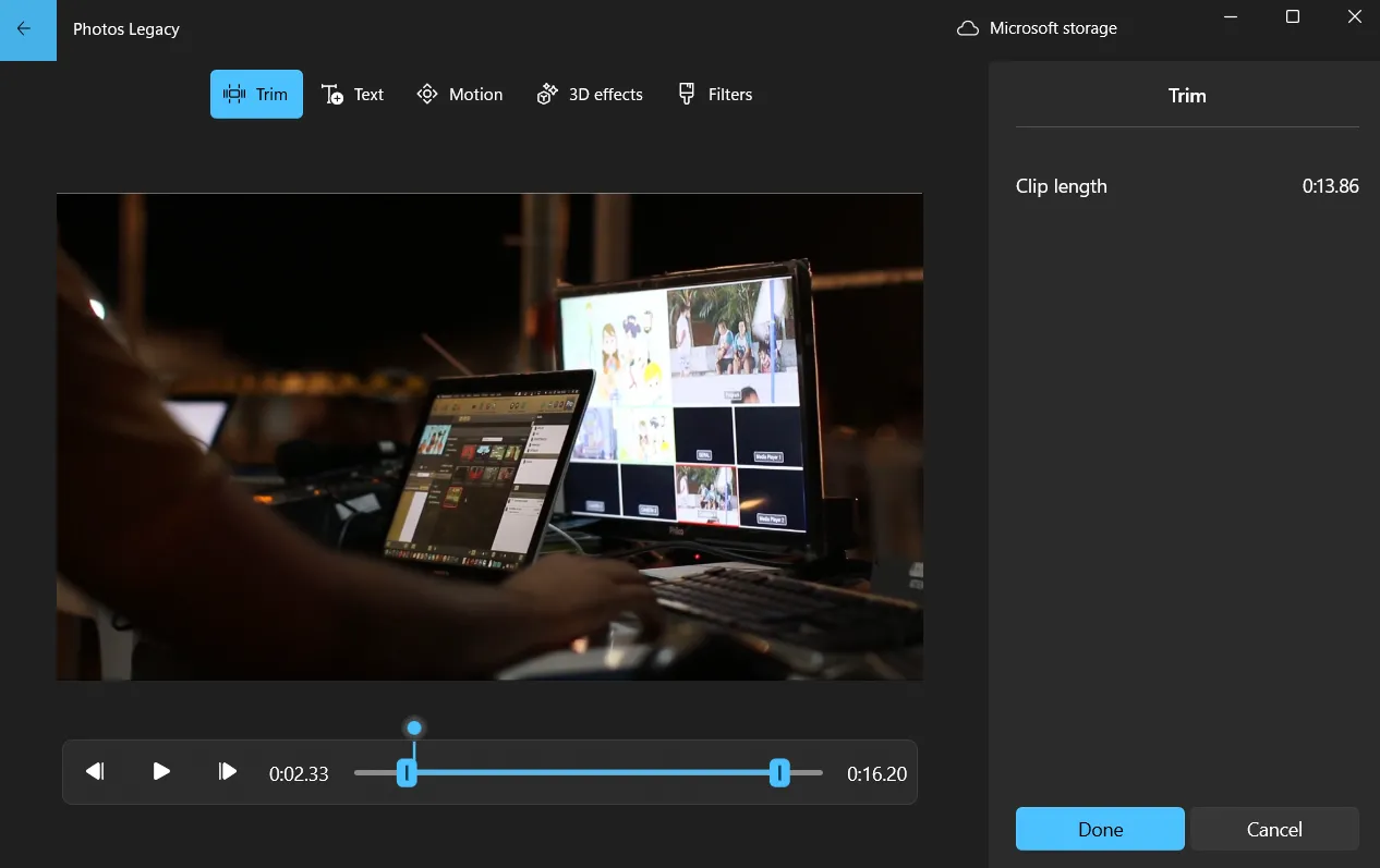 Tùy chọn cắt (Trim) trong trình chỉnh sửa video Photos Legacy của Windows