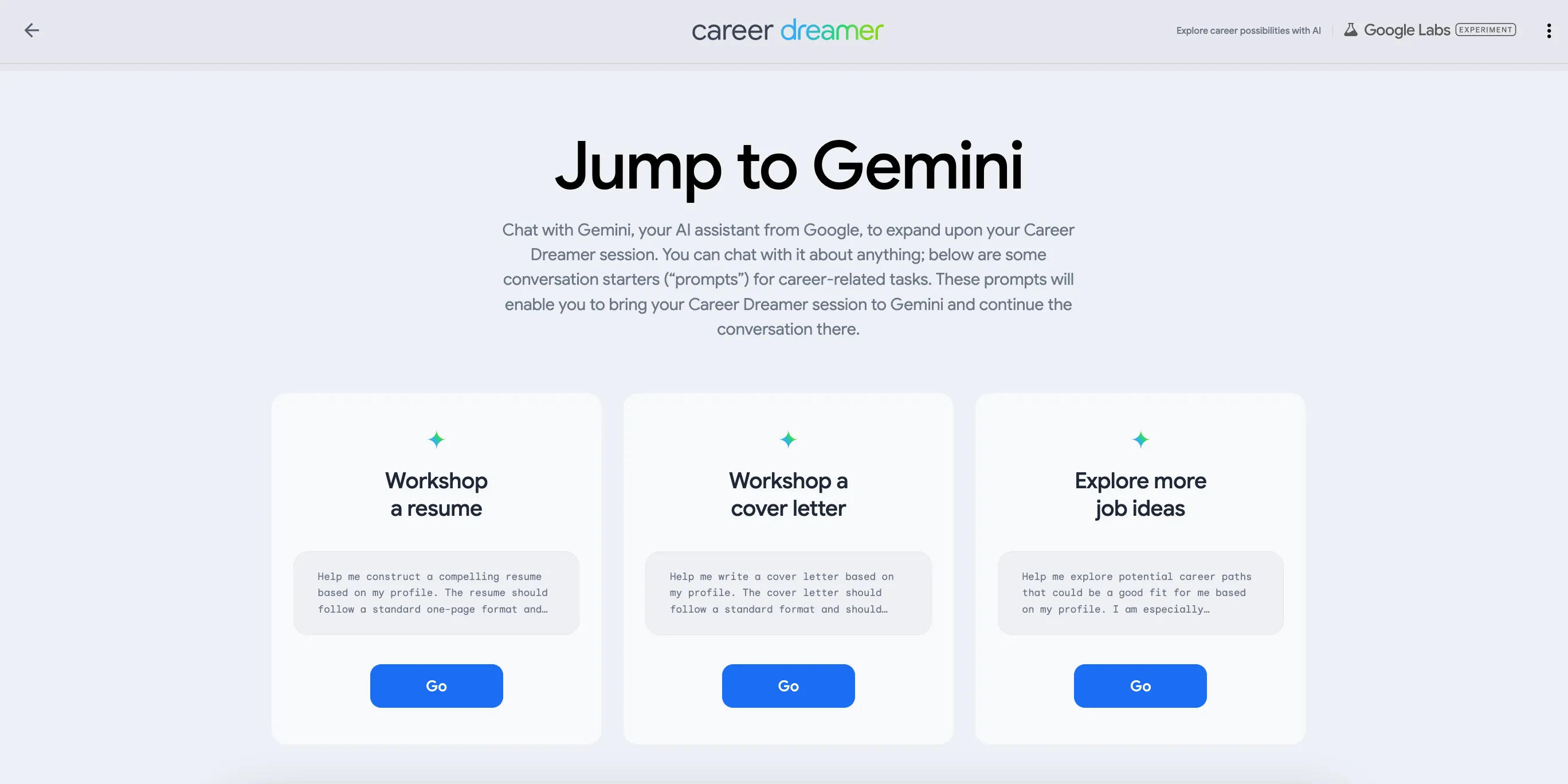 Tùy chọn 'Chuyển sang Gemini' trong Google Career Dreamer để tạo CV và thư xin việc.