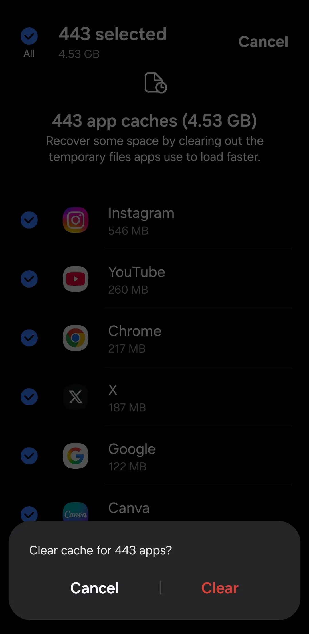 Tùy chọn 'Clear caches' (Xóa bộ nhớ đệm) cho tất cả ứng dụng trên điện thoại Samsung