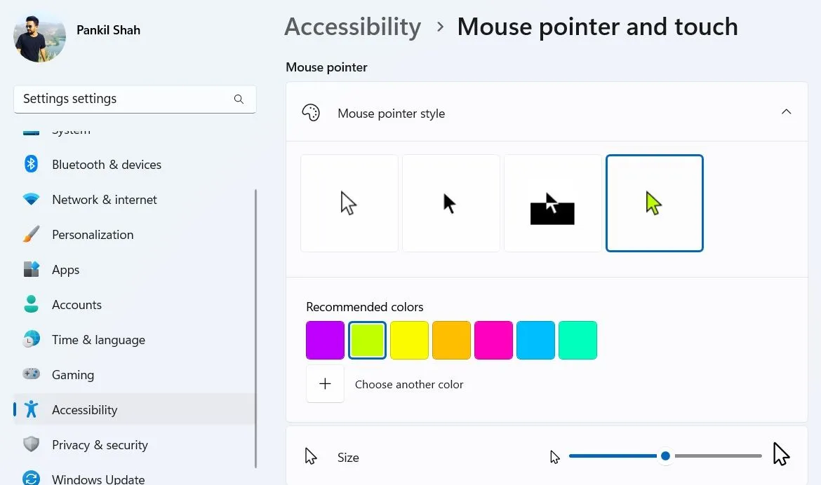 Tùy chọn con trỏ chuột trong ứng dụng Cài đặt Windows 11