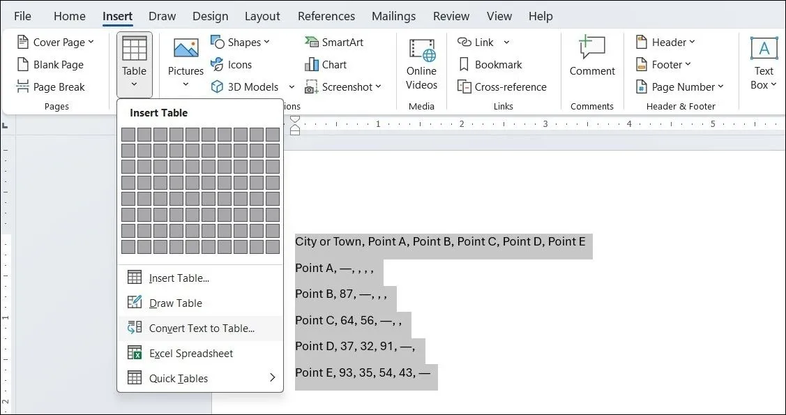 Tùy chọn Convert Text to Table trong MS Word