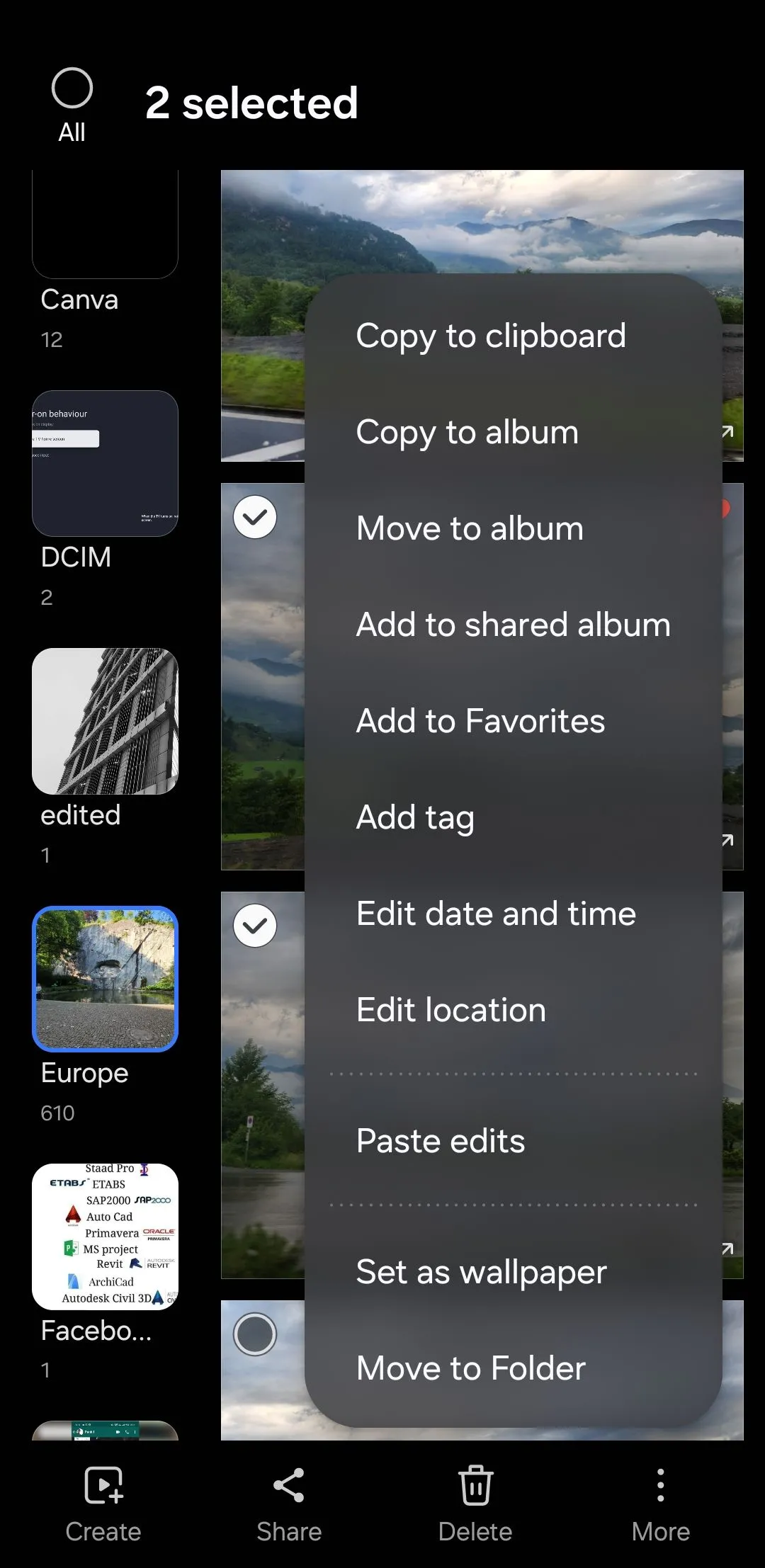 Tùy chọn &quot;Dán chỉnh sửa&quot; (Paste Edits) trong menu ứng dụng Samsung Gallery