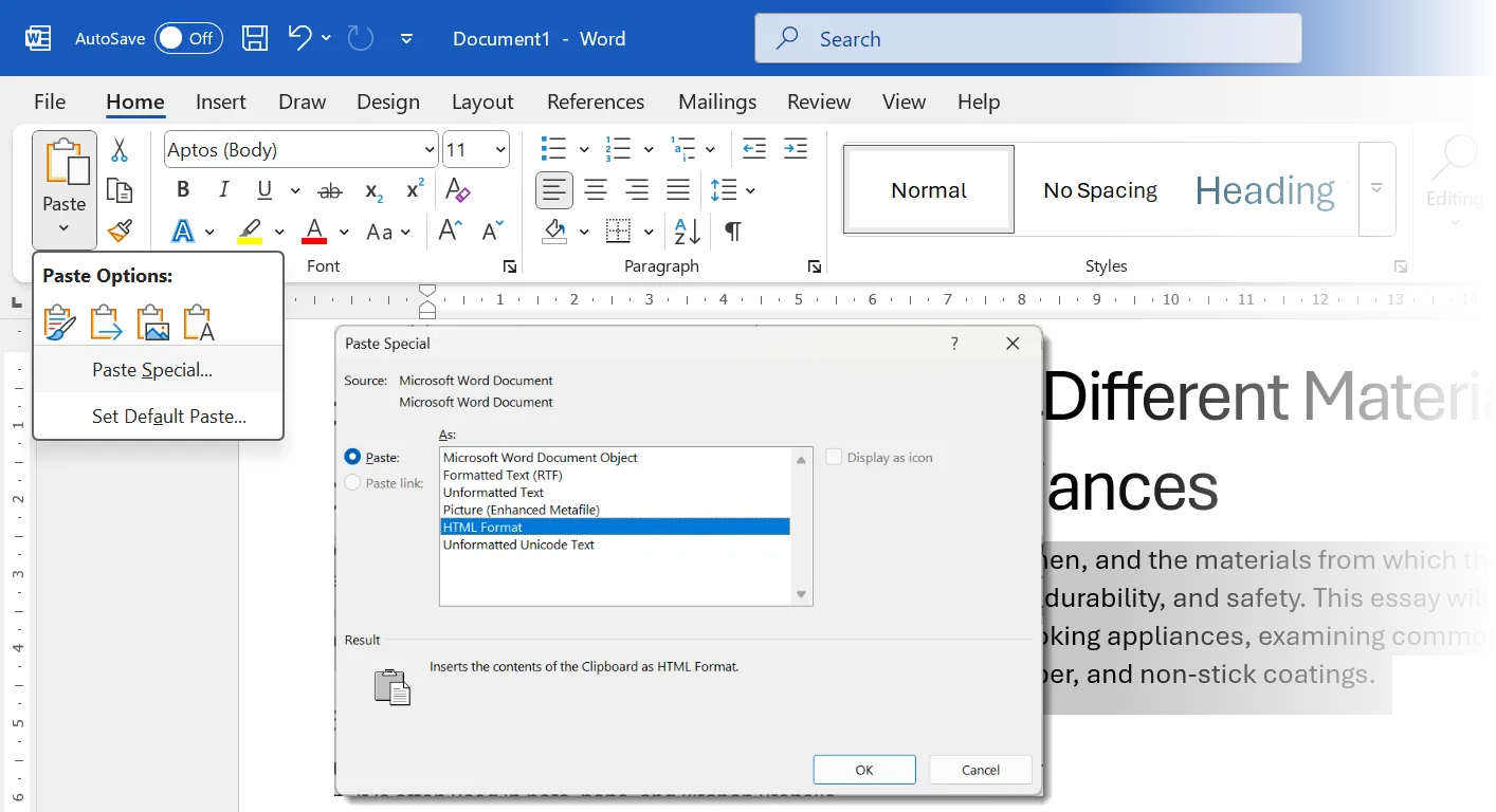 Tùy chọn dán (Paste Options) và chức năng Paste Special trong Microsoft Word.