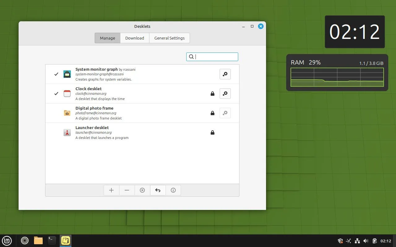 Tùy chọn Desklets mở trên Linux Mint cho phép tùy chỉnh giao diện và theo dõi hệ thống trực quan.