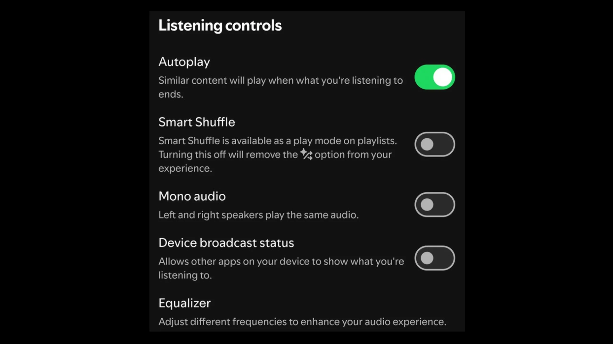 Tùy chọn điều khiển nghe nhạc Smart Shuffle trong cài đặt Spotify