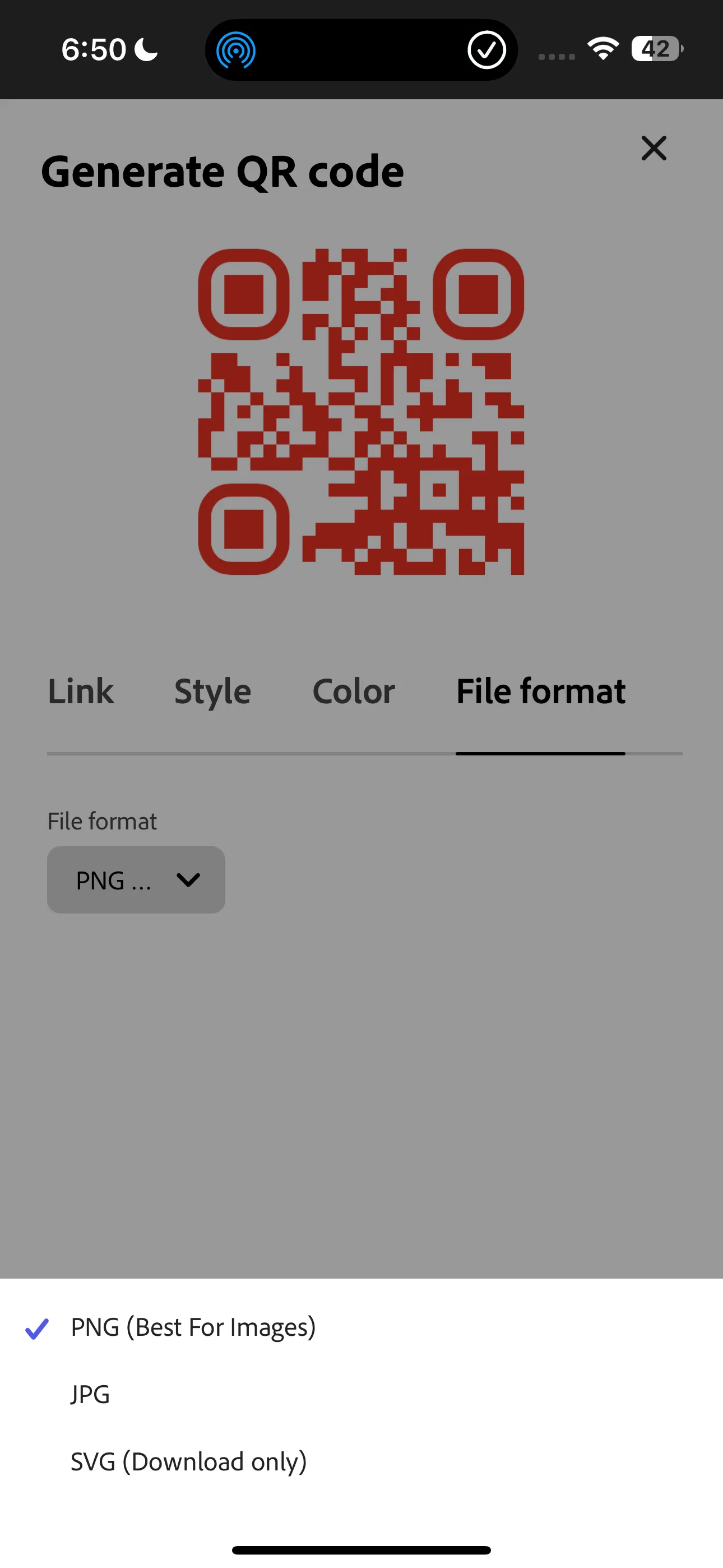Tùy chọn định dạng tệp (PNG, JPG, SVG) khi tải xuống mã QR trong Adobe Express.