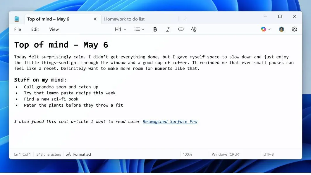 Tùy chọn định dạng văn bản như tiêu đề, in đậm, gạch chân, liên kết trong Notepad mới