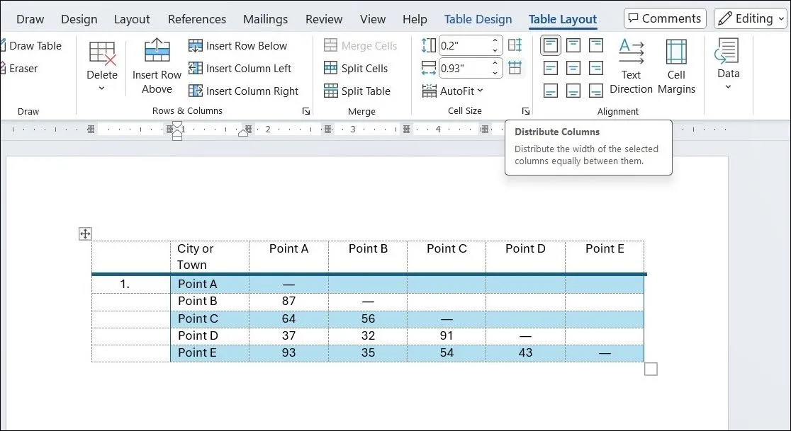 Tùy chọn Distribute Columns trong Microsoft Word để căn đều cột