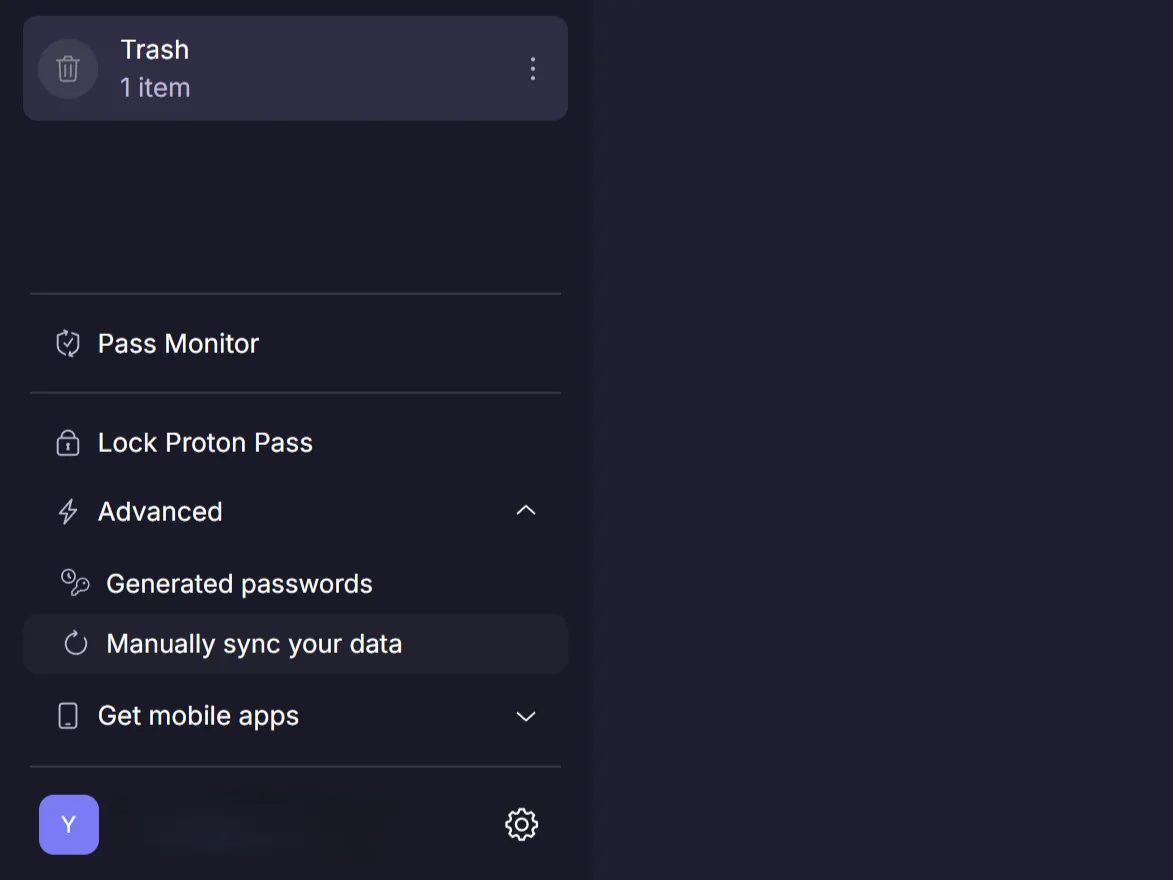 Tùy chọn đồng bộ dữ liệu thủ công trong thanh bên của Proton Pass