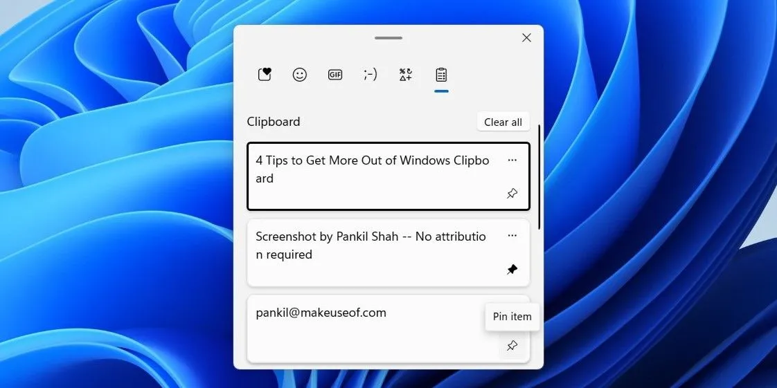 Tùy chọn ghim mục trong lịch sử Clipboard Windows 11