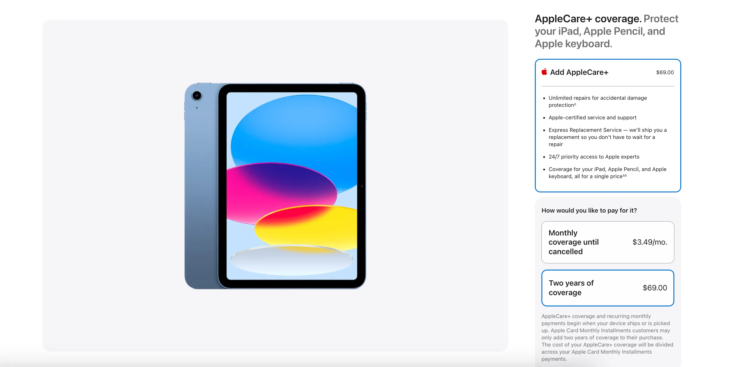 Tùy chọn gói bảo vệ AppleCare+ hiển thị khi mua iPad trên website Apple