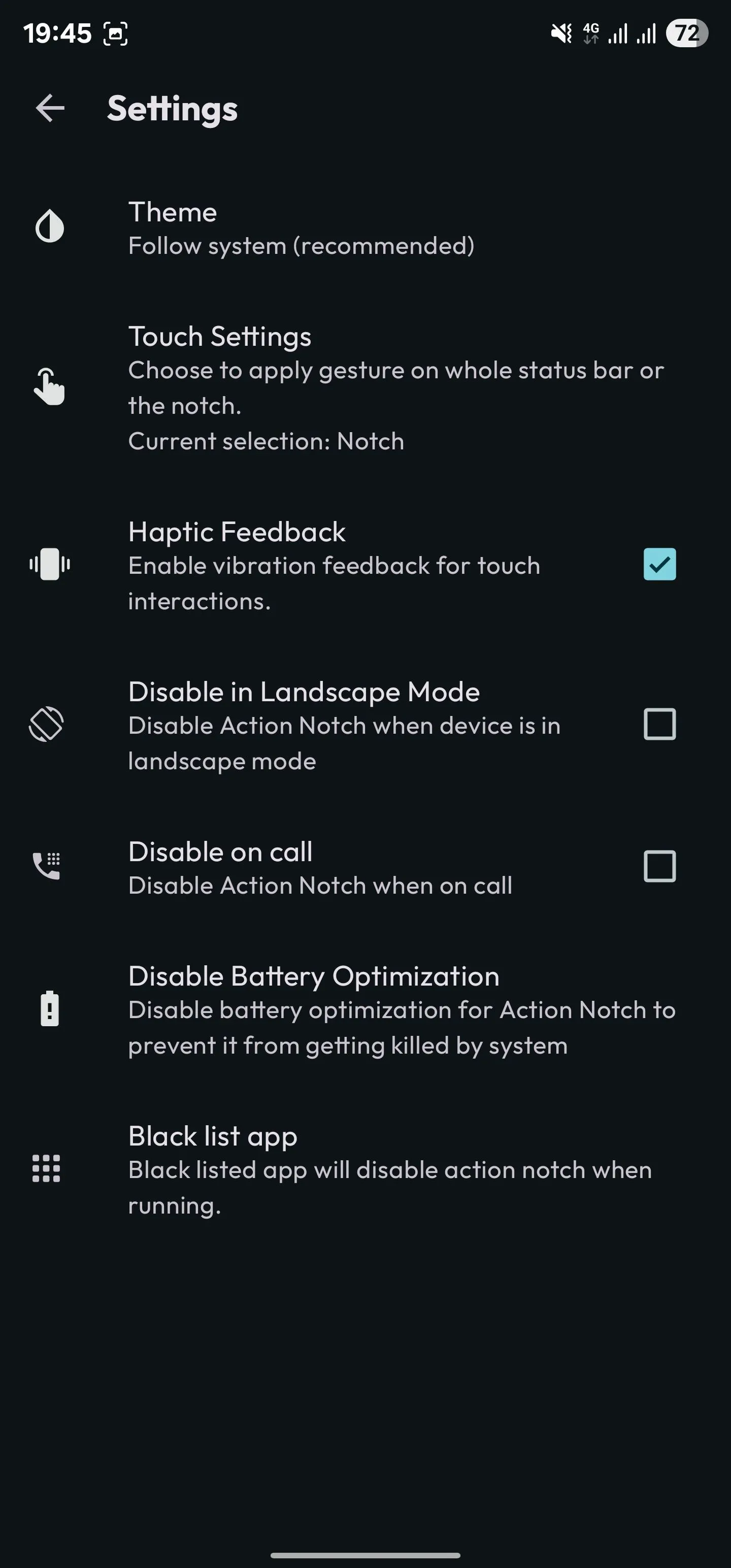 Tùy chọn Haptic Feedback được chọn trong cài đặt Action Notch