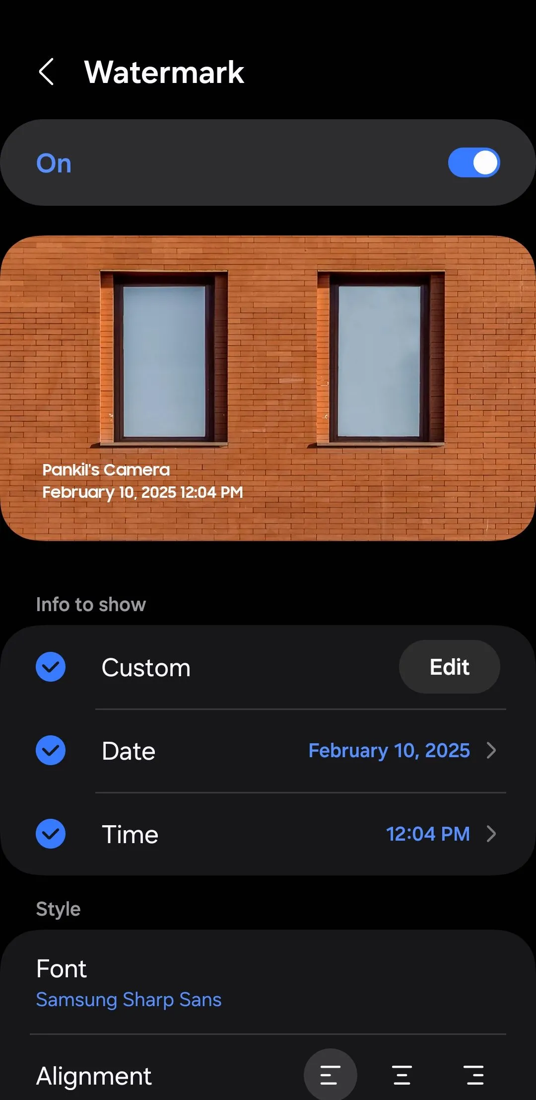 Tùy chọn hình mờ trong ứng dụng camera Samsung