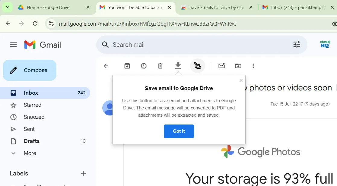 Tùy chọn lưu email từ Gmail vào Google Drive bằng tiện ích Save Emails to Google Drive by cloudHQ.