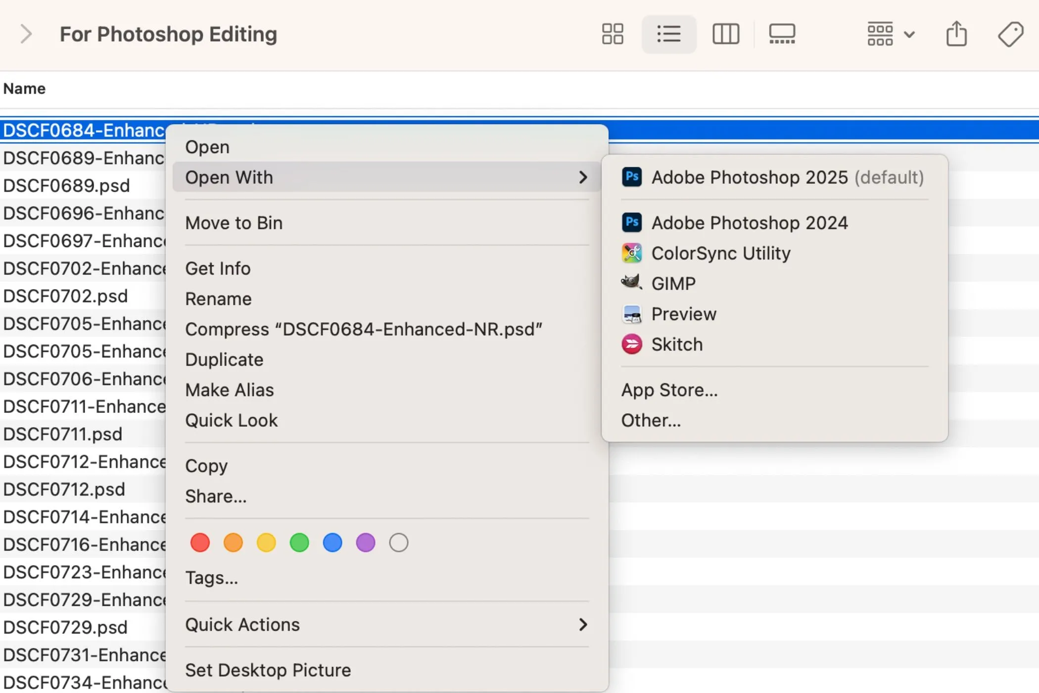 Tùy chọn &quot;Mở bằng&quot; để xem file PSD trong ứng dụng Preview của macOS