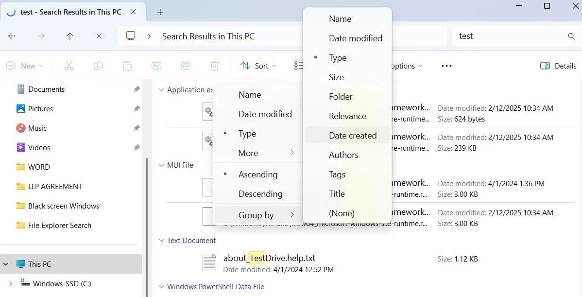 Tùy chọn nhóm kết quả tìm kiếm theo loại, ngày chỉnh sửa, hoặc kích thước trong File Explorer trên Windows